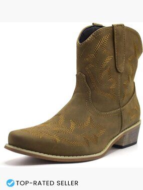 Embroidered Pointed Toe Western Ankle Booties Low Chunky Heel Pull-On